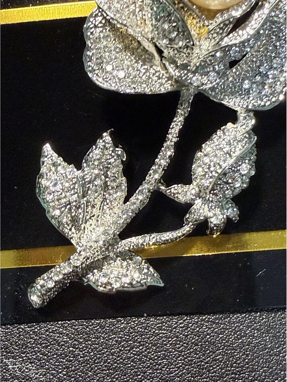 NEW Vintage 2000s Rose Brooch Crystal Faux Pearl Silver Tone, 2x3”